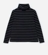 Blusa de rib de mujer, de corte ajustado, con cuello alto y mangas largas. Diseño a rayas horizontales blancas y negras.