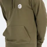 Canguro verde militar con capucha y cordones ajustables, bolsillo tipo canguro y logo de New Balance estampado en el pecho.