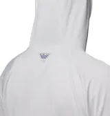 Remera con capucha Columbia modelo PFG Solar Stream Hoo de manga larga en color gris, con tecnología Omni-Shade de protección UV y Omni-Wick de secado rápido, ideal para pesca y actividades al aire libre.