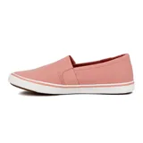 Zapatilla slip-on color coral con elástico lateral y suela blanca con línea decorativa color coral.