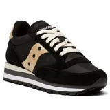 Championes Saucony Jazz Triple de dama, color negro con detalles dorados y suela con plataforma a rayas.