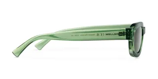Lentes de sol ovalados con montura verde oliva y lentes verdes polarizadas.