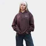 Canguro marrón con capucha y cordones ajustables, bolsillo tipo canguro y logo 'Relajo' estampado en el pecho.