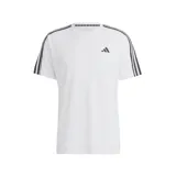 Remera blanca de entrenamiento Adidas Train Essentials con tres rayas negras en los hombros y logo negro en el pecho.