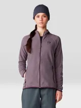 Campera polar de Mountain Hardwear, modelo Microchill Full Zip, de color bordó melange. Cuenta con cuello alto, cierre frontal completo, bolsillos laterales con cierre y mangas raglán. Presenta un pequeño parche con el logo de la marca en el pecho.