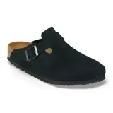 Zueco tipo mule de gamuza negra con hebilla metálica ajustable y plantilla anatómica de corcho.
