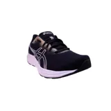 Championes de running Asics Gel-Excite 8, color negro con detalles en blanco y dorado. Presentan una parte superior de malla transpirable y entresuela con tecnología AmpliFoam y sistema de amortiguación Gel.