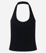 Blusa negra de punto roma, con diseño de cuello halter y espalda descubierta.