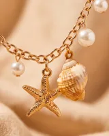 Cinto de cadena dorada de estilo bohemio, decorado con dijes colgantes en forma de estrella de mar, caracoles y perlas sintéticas.