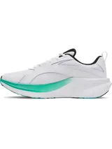 Championes de running Under Armour modelo Assert 11, color blanco con detalles en verde turquesa y negro. Presentan parte superior de malla transpirable con revestimientos de cuero, mediasuela con amortiguación Charged+ y suela de goma resistente.