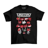 Remera negra de algodón con estampa frontal gráfica que presenta múltiples personajes estilo caricatura en color rojo y blanco, junto con el logo de la banda Trotsky Vengarán.