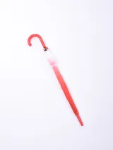 Paraguas transparente con estructura violeta.