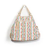 Mochila de tela con estampado de rayas verticales multicolores y detalles en cuero sintético color beige.