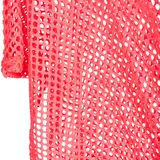 Kimono de playa fucsia de tejido calado tipo red, con calce suelto y cordón ajustable en la cintura con borlas decorativas.
