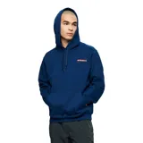 Buzo con capucha y bolsillo frontal tipo canguro, color azul marino con logo de la marca estampado en color naranja en el pecho.