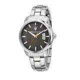 Reloj analógico Maserati modelo Successo con caja y brazalete de acero inoxidable. Presenta una esfera gris con efecto cepillado, índices plateados, ventana de fecha y segundero en color naranja.
