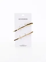 Pack de dos broches para el pelo tipo horquilla, con diseño metálico en color dorado y acabado brillante.