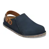 Zueco Birkenstock modelo Lutry Premium, color azul marino con tira trasera marrón de cuero y hebilla metálica ajustable.