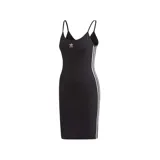 Vestido Adidas negro con tirantes finos y corte ajustado. Presenta las tres rayas blancas clásicas de Adidas en los laterales y el logo de la marca bordado en el pecho.