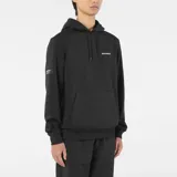 Hoodie Salomon Equipe color negro, con capucha con cordón ajustable, bolsillo frontal tipo canguro y logo impreso en el pecho y la manga.