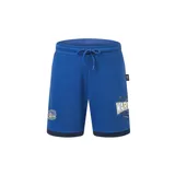 Short deportivo azul con cintura elástica ajustable con cordón, logo de la NBA, escudo de los Golden State Warriors y la palabra "Warriors" estampada.