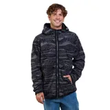 Canguro con cierre frontal completo y capucha, confeccionado en tejido polar con estampado geométrico tribal en tonos grises y negros. Cuenta con bolsillos laterales y puños elásticos.