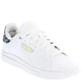 Championes Adidas Urban Court de estilo urbano, color blanco con detalles en dorado y panel trasero con estampado floral multicolor. Presentan cierre con cordones y suela de goma.