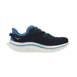 Championes de running Hoka modelo Kawana 2, color azul oscuro con detalles en celeste y suela blanca con motas. Presentan un diseño técnico con malla transpirable y entresuela amortiguada.