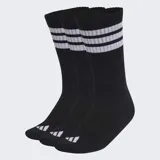 Pack de tres pares de medias Adidas de caña media, color negro con las icónicas tres tiras blancas en la parte superior y logo de la marca en la puntera.