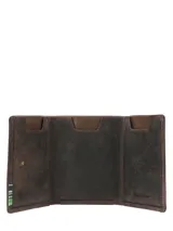 Billetera trifold de cuero marrón con textura rústica y detalle de logo metálico en forma de pato en la esquina inferior.