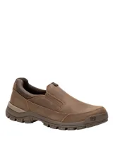 Zapato slip on Caterpillar modelo Threshold, color marrón, confeccionado en cuero de grano completo con elásticos laterales y suela de goma resistente.