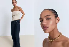 Top palabra de honor de algodón color beige, con diseño entallado, fruncidos laterales y cierre de cremallera lateral.