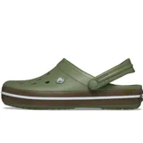 Zuecos Crocs modelo Crocband Clog Gum, color negro con banda lateral en tono caramelo y línea blanca. Diseño con orificios de ventilación, tira trasera pivotante y suela cómoda de espuma Croslite.