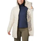 Campera tipo parka acolchada de largo medio, color beige, con capucha integrada, cierre frontal completo y bolsillos laterales con cremallera. Cuenta con tecnología de aislamiento térmico y puños con orificios para los pulgares.