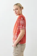 Remera de algodón color terracota con detalles de bordado broderie blanco en mangas y ruedo. Presenta cuello redondo y mangas cortas.
