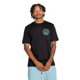 Remera Volcom de manga corta, color negro, de corte clásico con estampa frontal circular en color celeste.