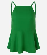 Blusa peplum verde esmeralda de viscolino, con escote cuadrado, breteles finos ajustables y sisa americana.