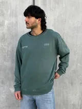 Buzo verde de algodón con cuello redondo, mangas largas y puños acanalados. Presenta un pequeño estampado en el frente y un logo geométrico en el pecho. Corte holgado.