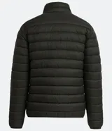 Campera ultraliviana de poliamida color gris claro, con cuello alto y cierre delantero.