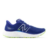 Championes de running New Balance modelo Evoz v3, color azul con detalles en blanco y verde lima. Presentan entresuela Fresh Foam X para mayor amortiguación, diseño de malla transpirable sin costuras y suela de goma integrada.