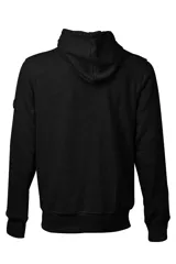 Canguro gris con capucha y cordones negros, bolsillos frontales y puños y cintura acanalados.