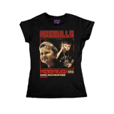 Remera negra de corte entallado con estampa gráfica frontal de Hasbulla Magomedov, con estética estilo hip-hop y sello de advertencia parental.