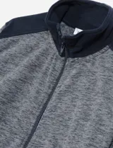 Campera de estilo casual con cierre frontal completo, confeccionada en tejido jaspeado con paneles lisos en hombros, cuello alto y puños acanalados.