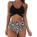 Conjunto de bikini de dos piezas de la marca Uniteduy, compuesto por un crop top amarillo liso con diseño cruzado y tirantes finos, y una bombacha de tiro alto con estampado floral y de hojas en tonos amarillos, verdes y blancos.