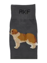 Medias de caña media color gris, confeccionadas en fibra de bambú. Presentan un diseño estampado con la figura de un perro San Bernardo y el logo de la marca RKF en la parte superior.