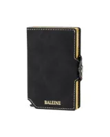 Billetera tipo tarjetero de cuero negro con caja de aluminio interna y sistema de deslizamiento para tarjetas. Cuenta con cierre mediante broche a presión.