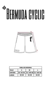 Bermuda de gabardina color beige con corte holgado. Presenta un bordado en tipografía gótica en la pierna derecha y un parche rectangular con el logo de la marca en la pierna izquierda. Cuenta con cintura elástica y bolsillos laterales.