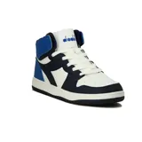 Championes de caña media Diadora Milano Mid, blancos con detalles en azul marino y azul eléctrico.