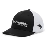Gorra de béisbol con frente negro y parte trasera de malla blanca, con logo de Columbia PFG bordado en el frente y detalle de pez en el lateral.