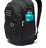 Mochila Columbia modelo Buxton de 26 litros, color negro, con múltiples compartimentos, funda para portátil y detalles funcionales.